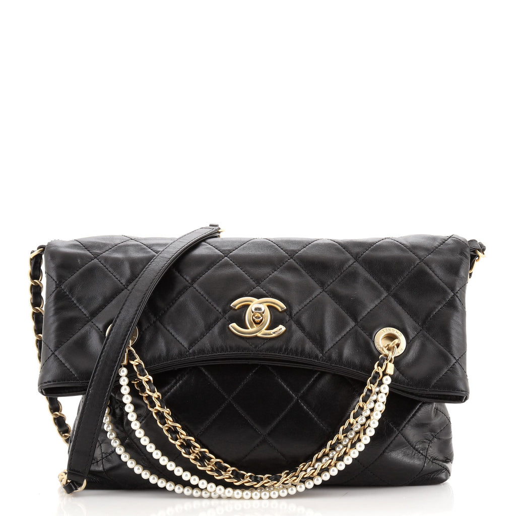 Chanel Pearl Strap Fold Over Shopping Tote Quilted Calfskin Medium Black  740511