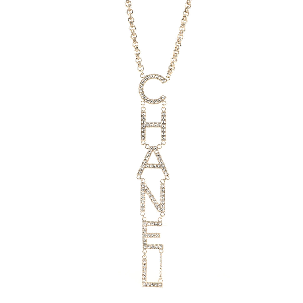 Chanel Vertical Logo Necklace Metal with Crystal Gold 7437610