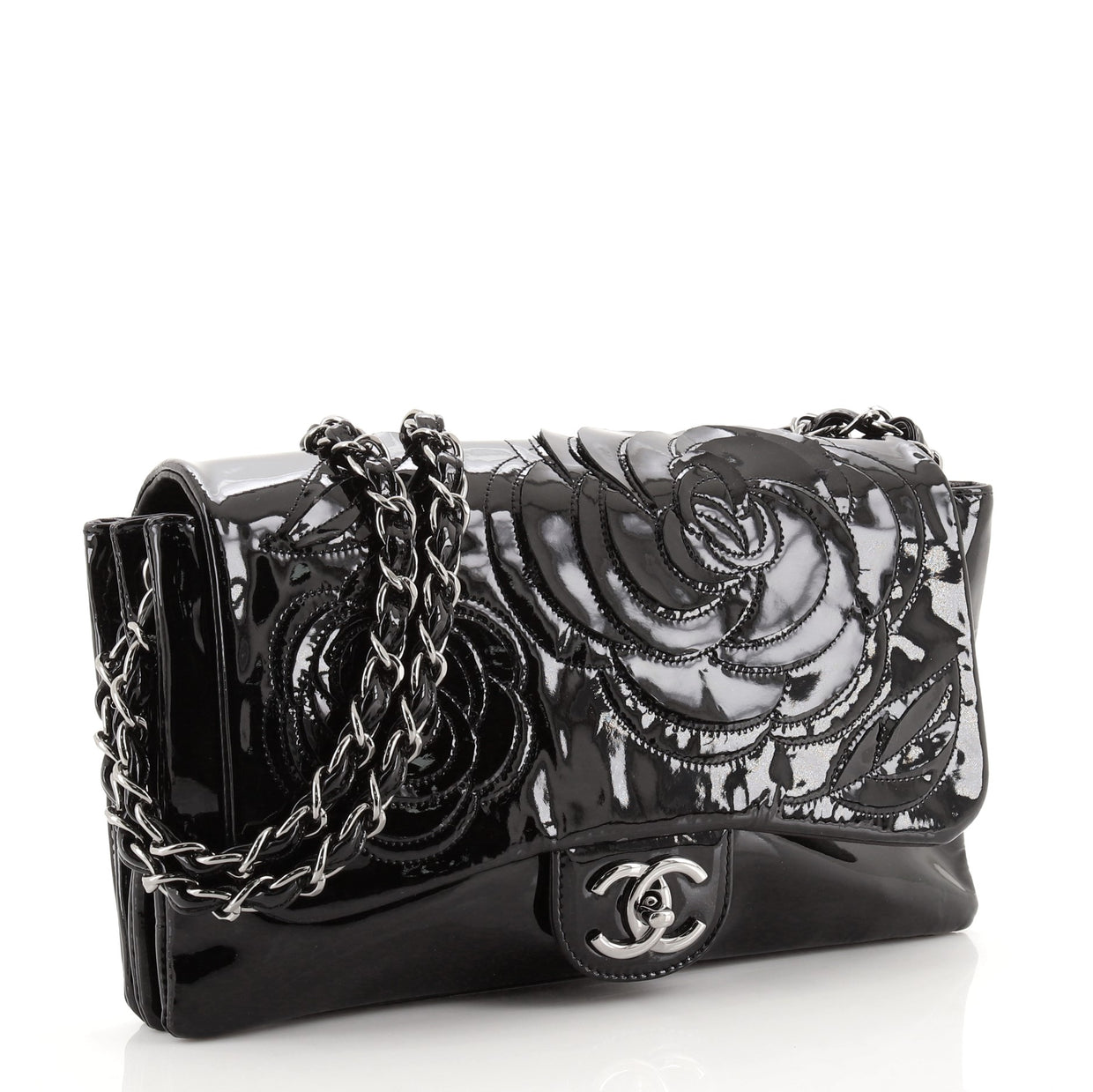 Chanel Tweed Petals Camellia Flap Bag Patent Medium Black 74556258