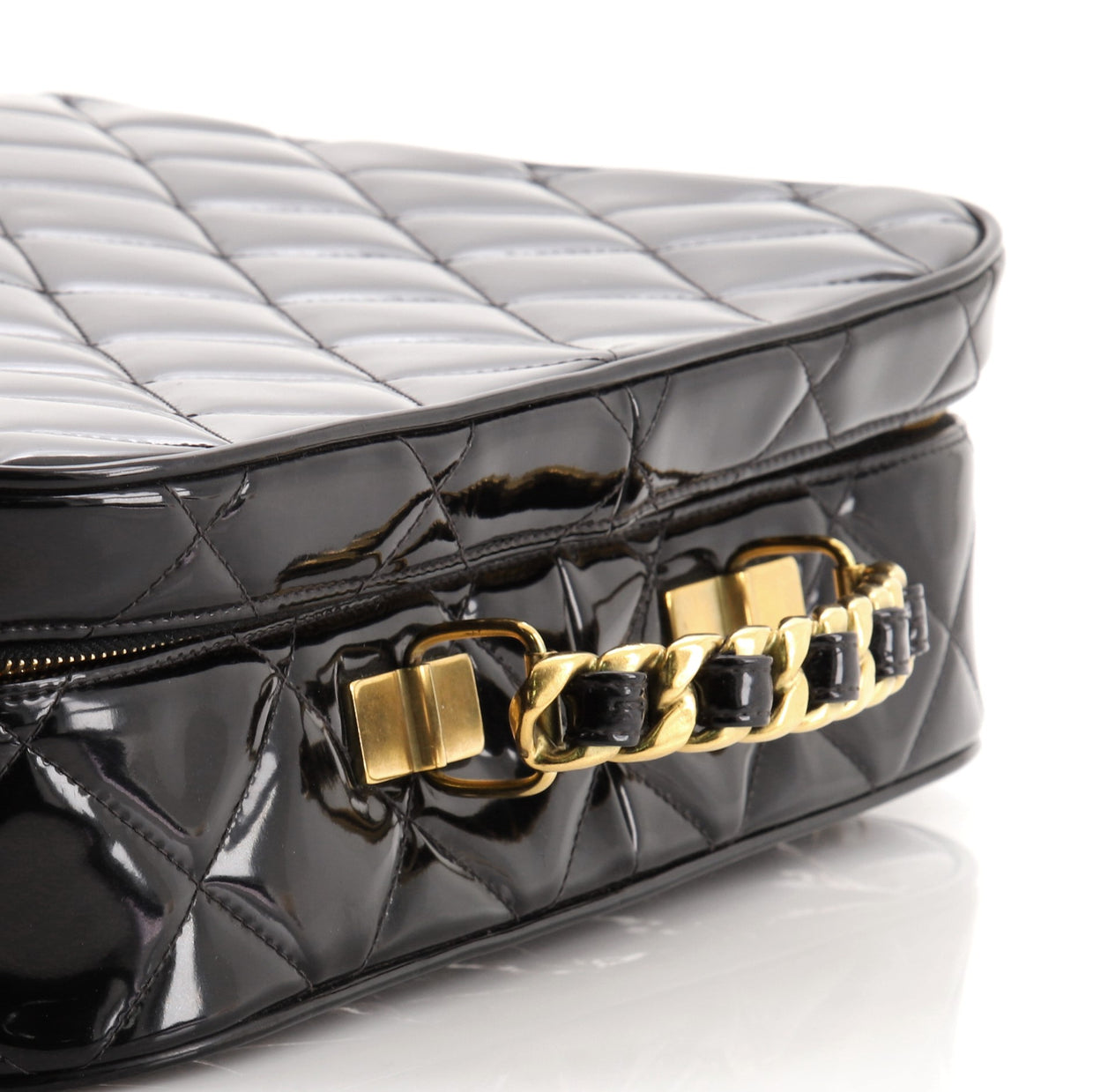Chanel Vintage Chain Lunch Box Bag Quilted Patent Large Black 7705458