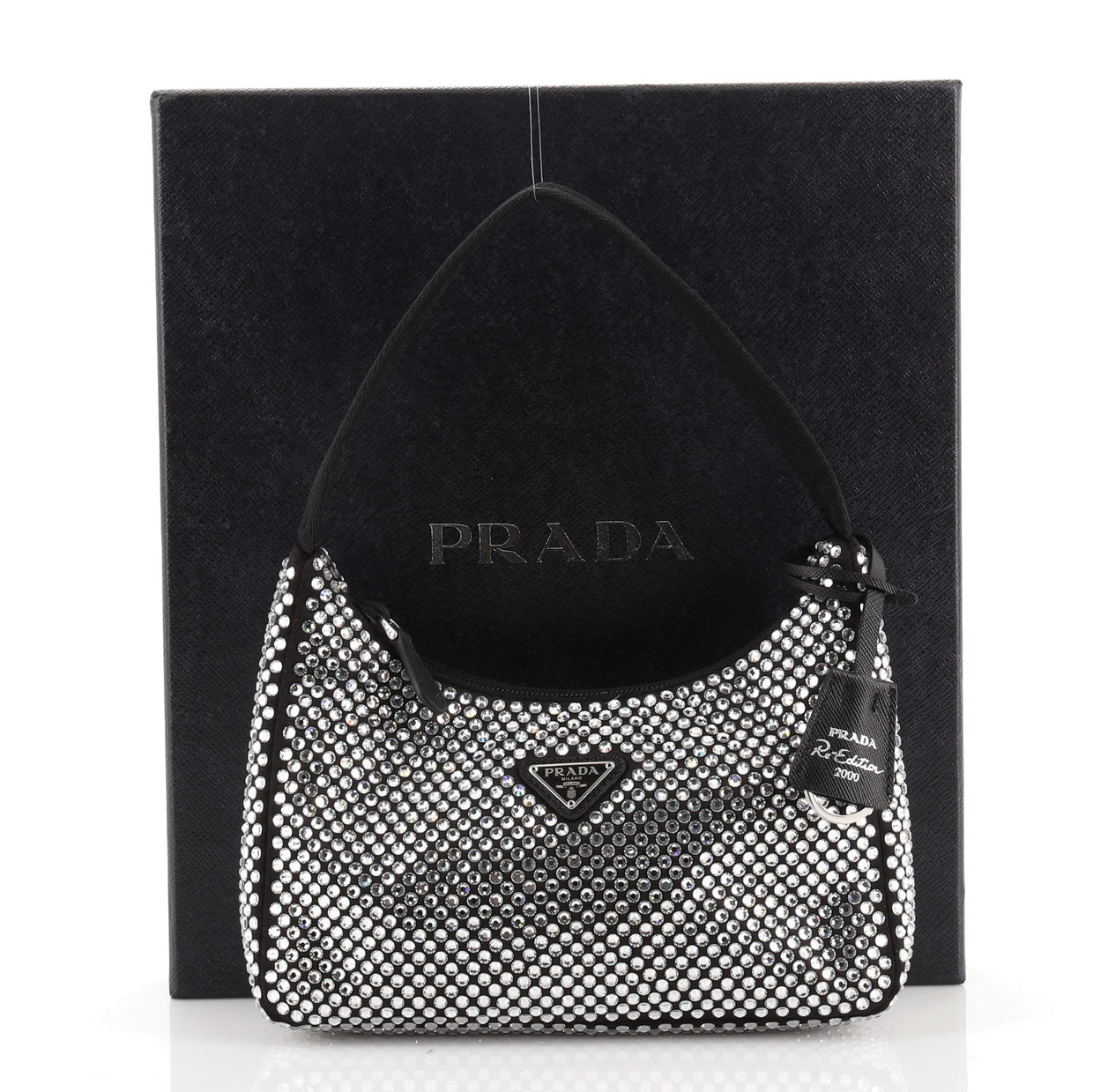 Prada Re-Edition 2000 Hobo Crystal Embellished Satin Mini Black 815481