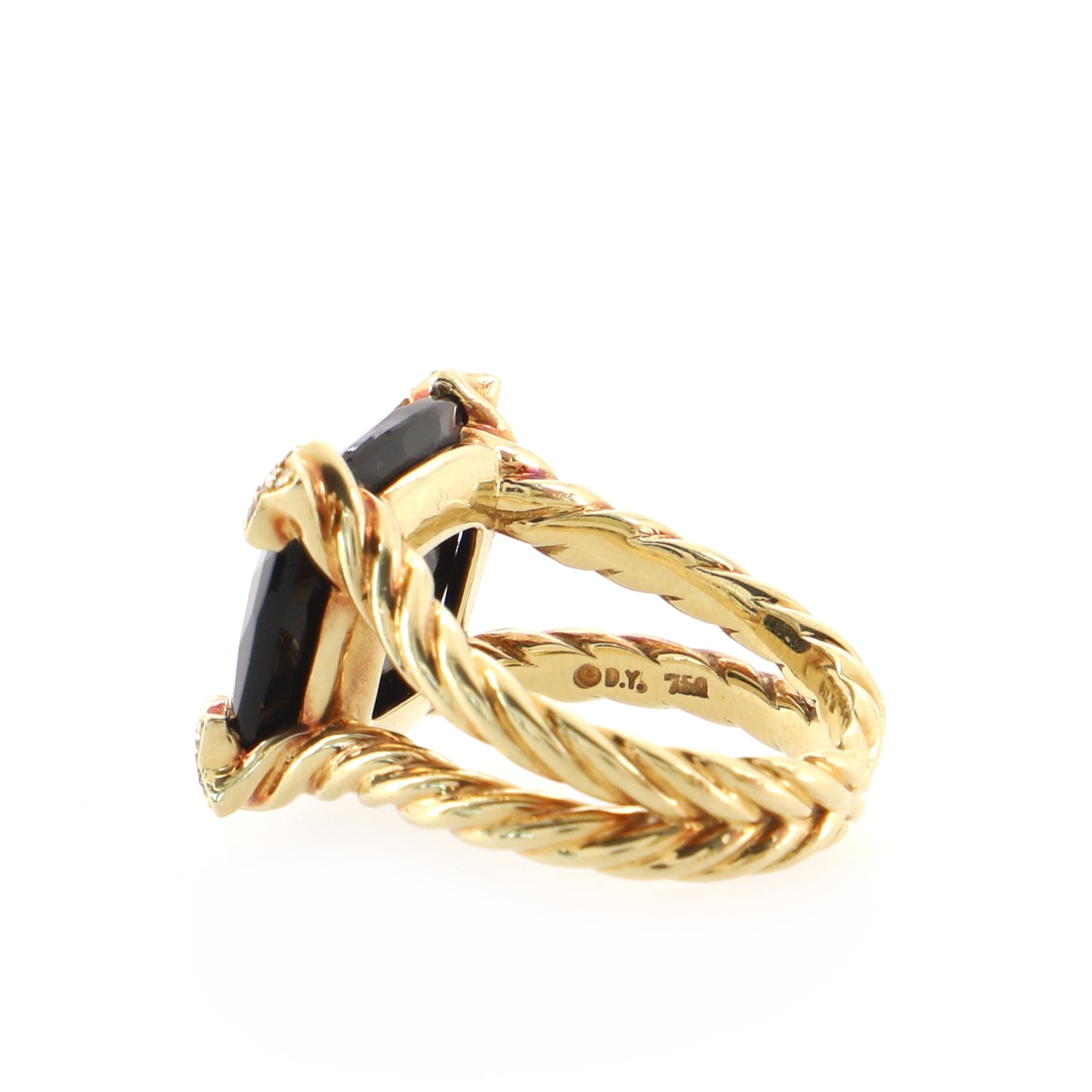Cushion on Point Ring 18K Yellow Gold with Onyx and Diamonds 15mm