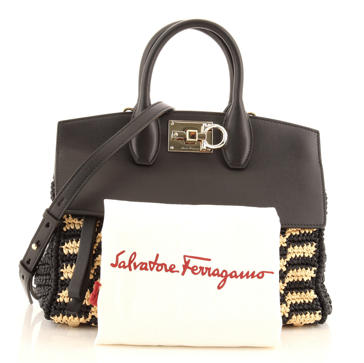 Salvatore Ferragamo Studio Satchel Woven Raffia and Leather Small ...