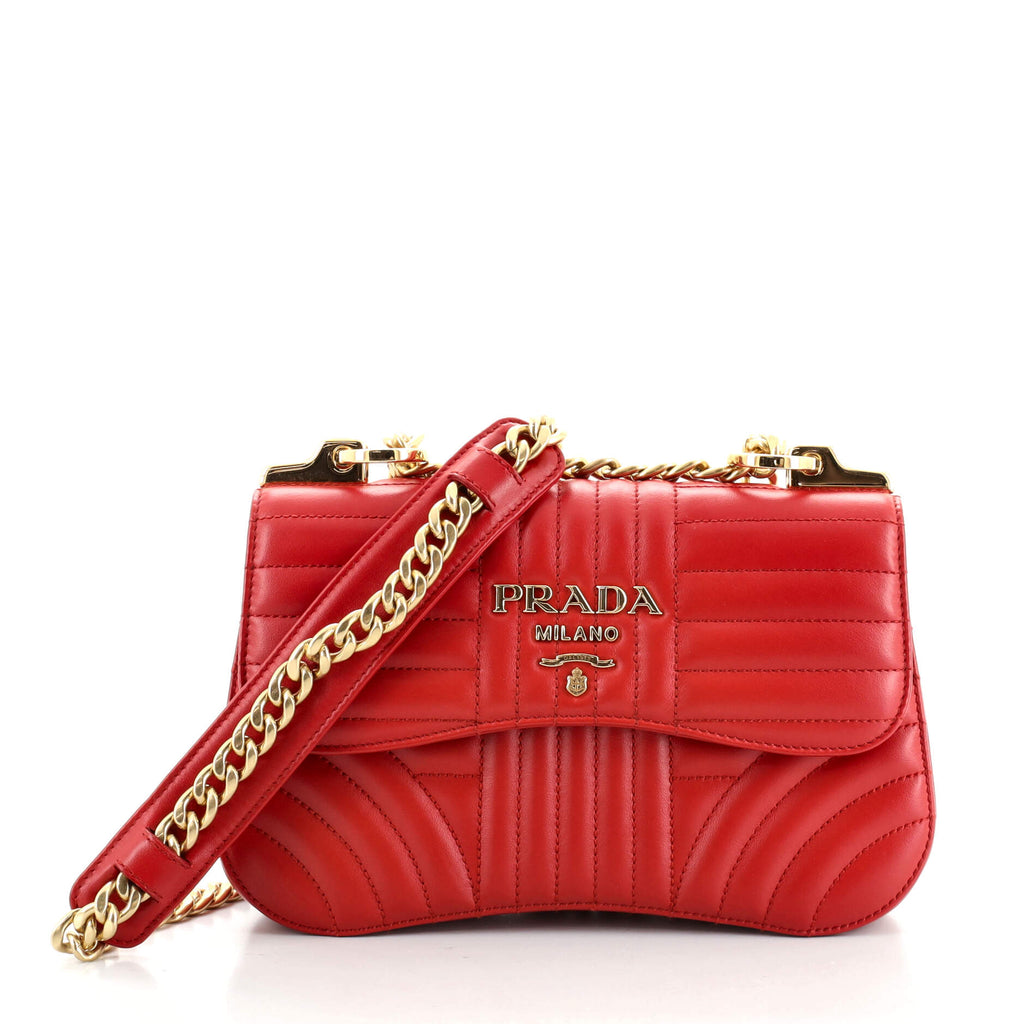 Prada Curved Flap Chain Shoulder Bag Diagramme Quilted Leather Small Red  9749016