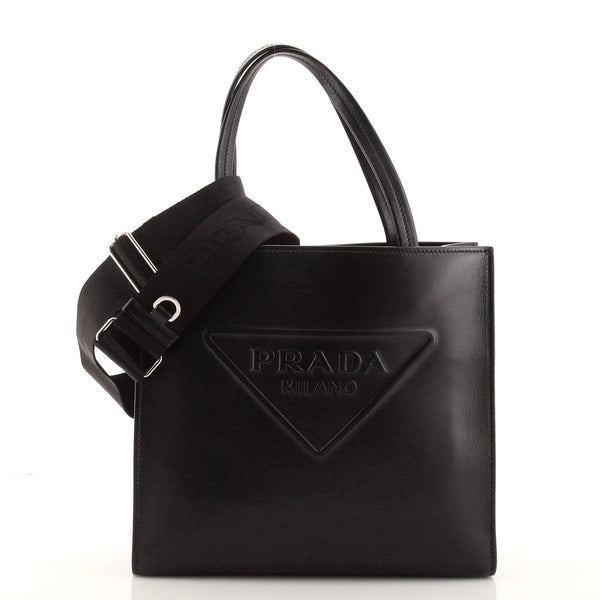 Prada Logo Drill Tote Leather Small Black 99782390