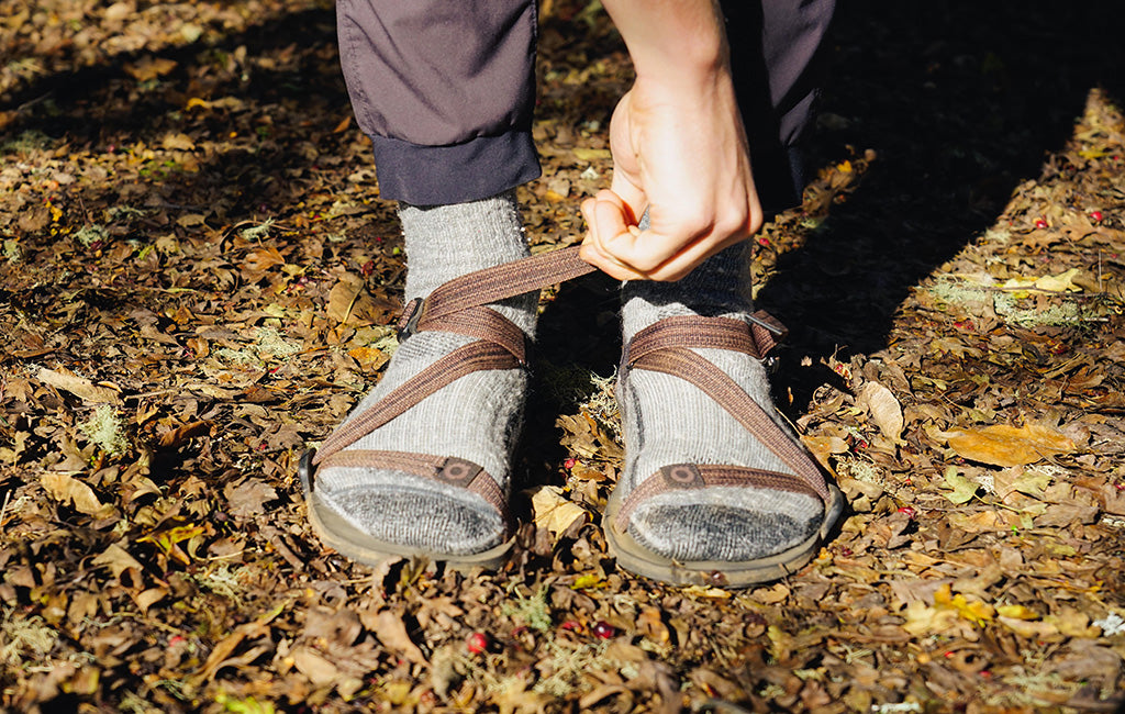 hiker wearing minimalist sandals