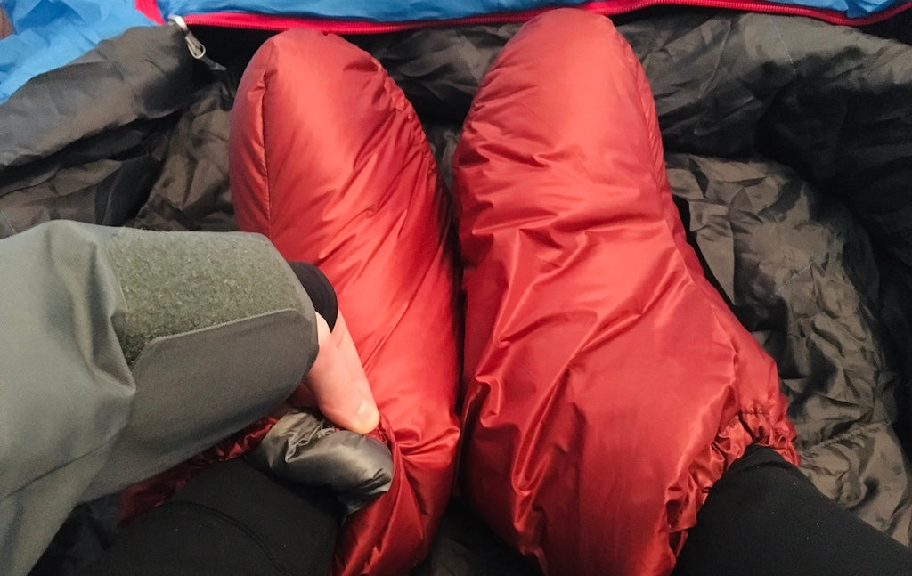 down booties worn in tent