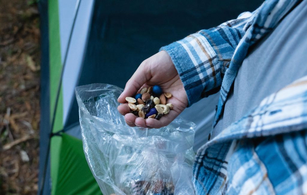 trail mix with nuts, dried fruits, and M&M's