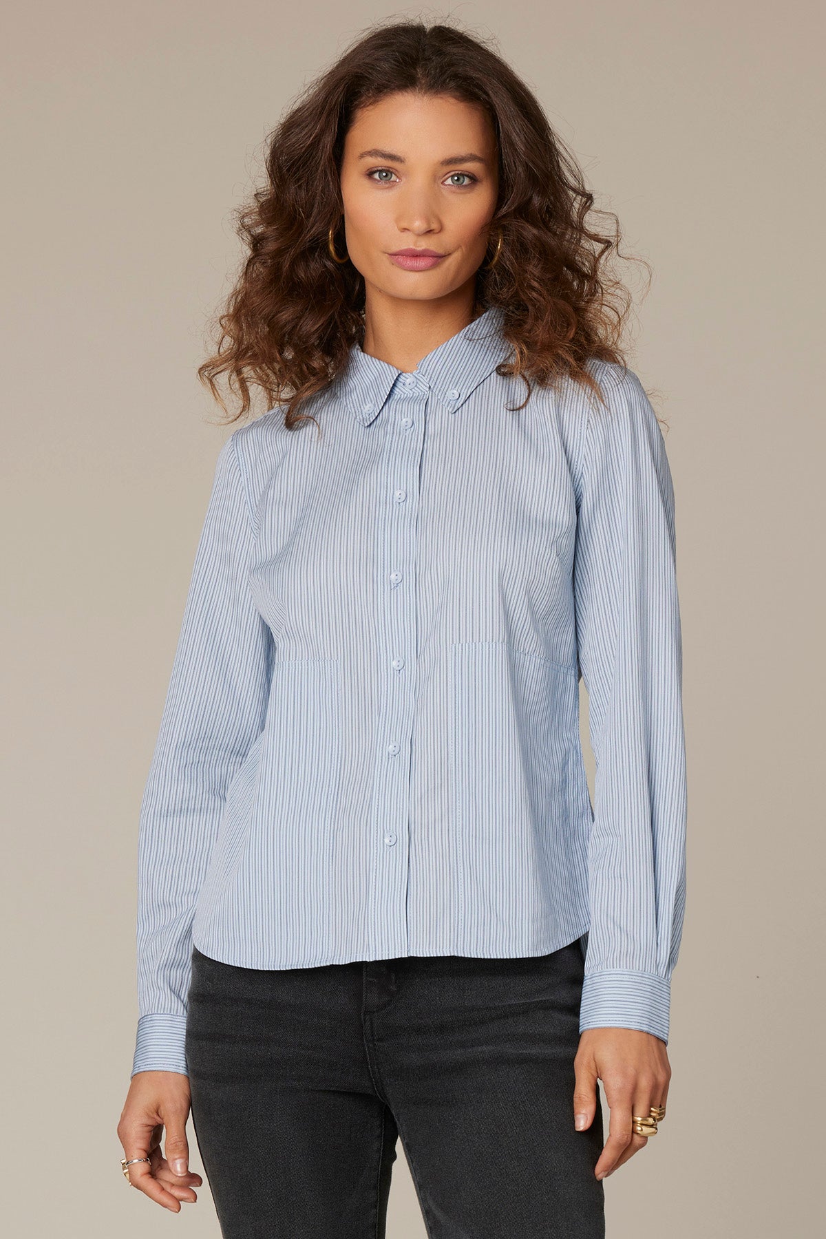 Long Cuff Band Sleeve Button Down Pinstripe Woven Top - Wit  Wisdom product image