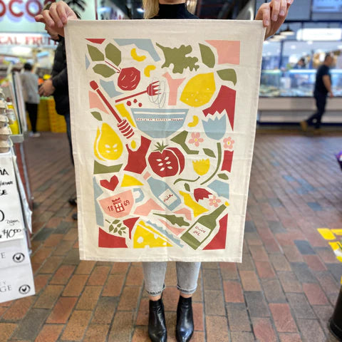 Custom printed organic cotton tea towels for Adelaide Central Market