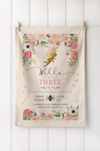 Personalised birthday invitation printed tea towels | No minimum order