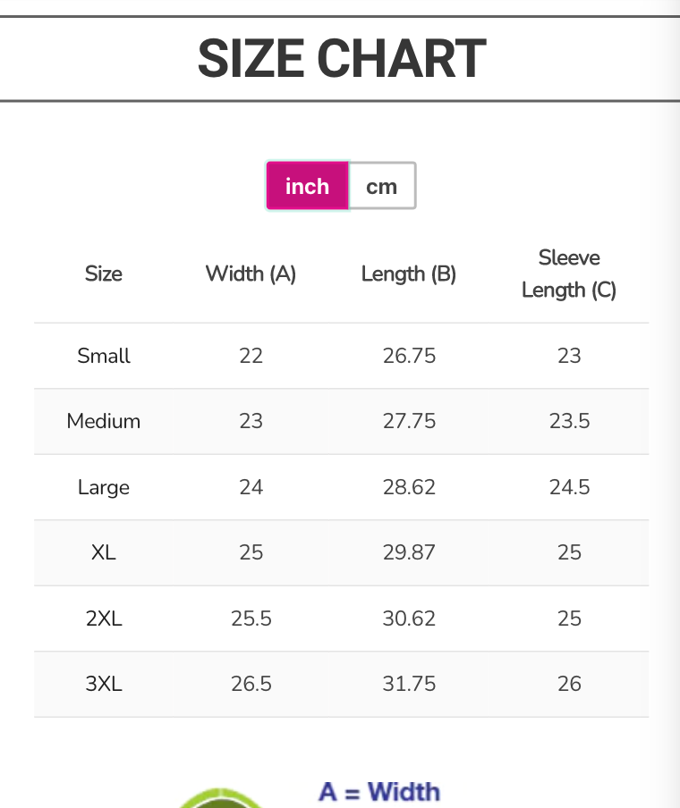 Size Chart On Page