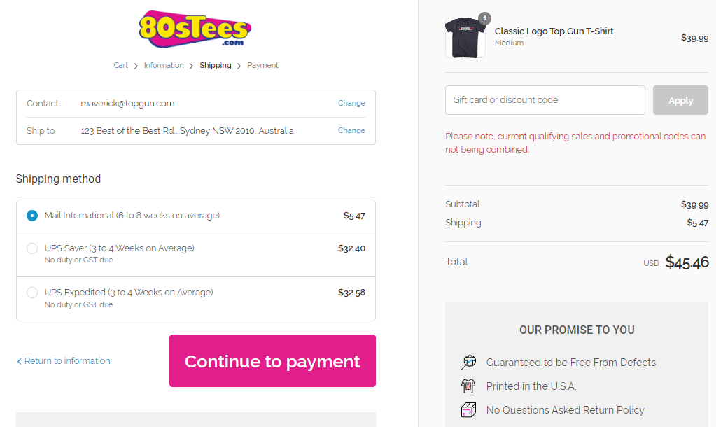 Example of checkout for Australia