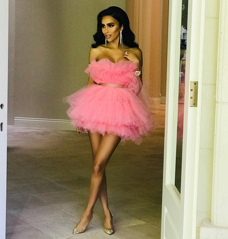 Lilly Ghalichi in custom Debbie Carroll Design Hot Pink Cupcake Cocktail Dress