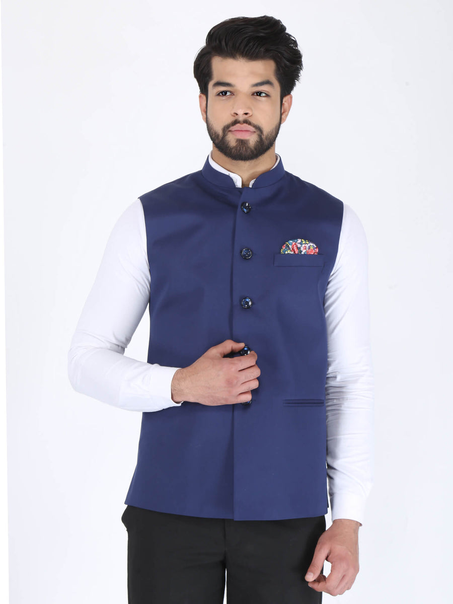 Navy Solid Formal Nehru Jacket | Amogue