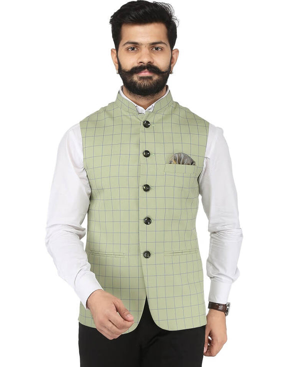 Green Checked Nehru Jacket For Men | Amogue