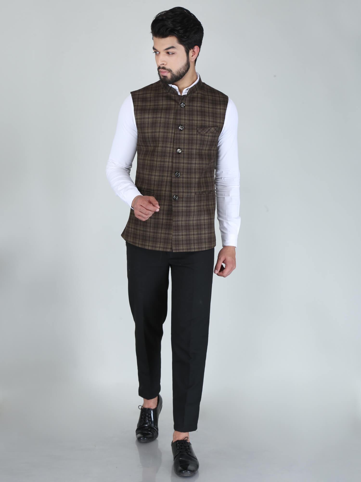 Brown Woolen Tweed Nehru Jacket – Amogue