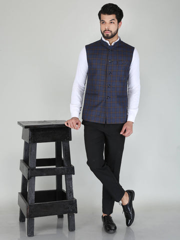 Grey And Blue Checkered Nehru Jacket For Men – Prime Porter