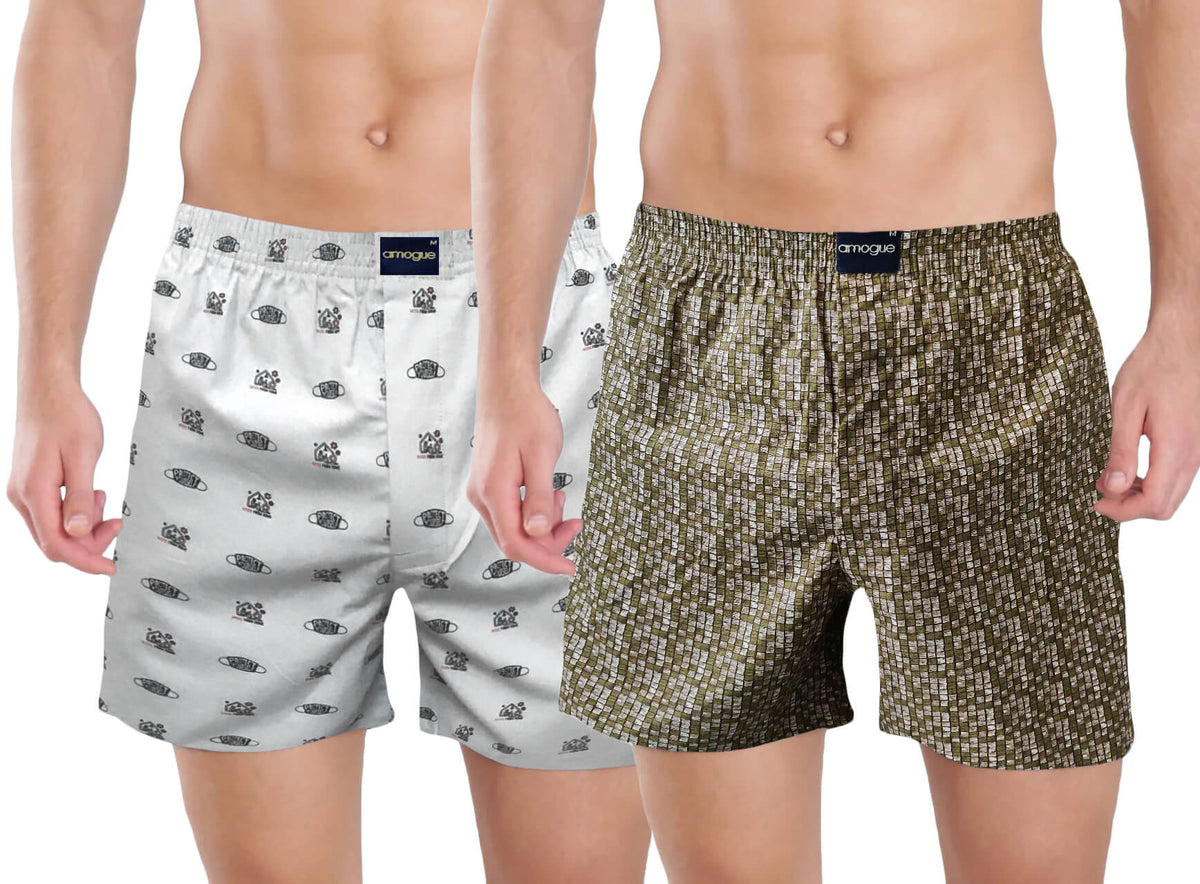 White & Olive Printed Cotton Boxers For Men(Pack of 2) | Amogue