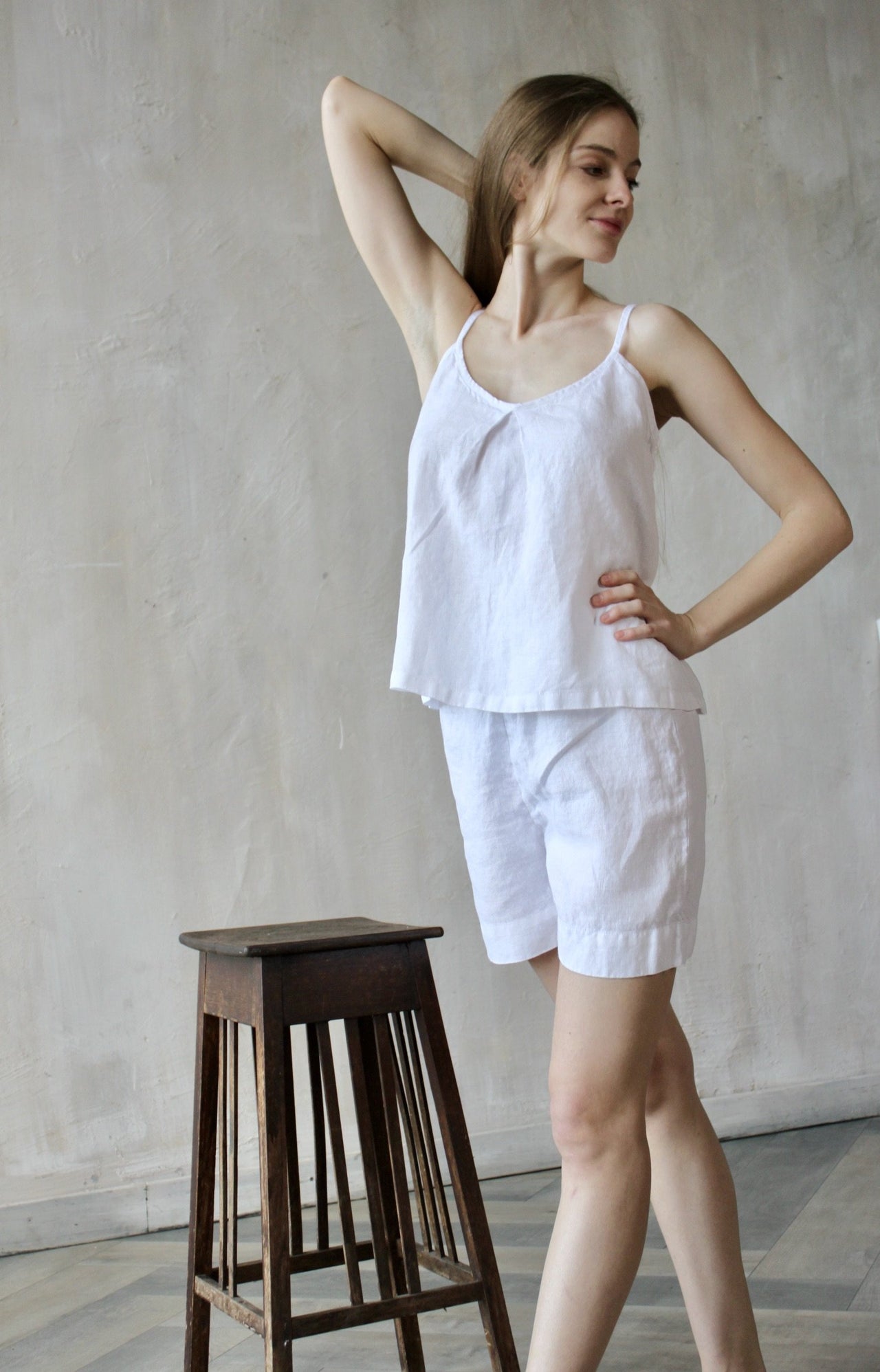 Linen Pajama Set - Softened Linen Women's Loungewear - Pajama Set Shorts  and Three Quarter Sleeve Shirt - White and Natural Colors