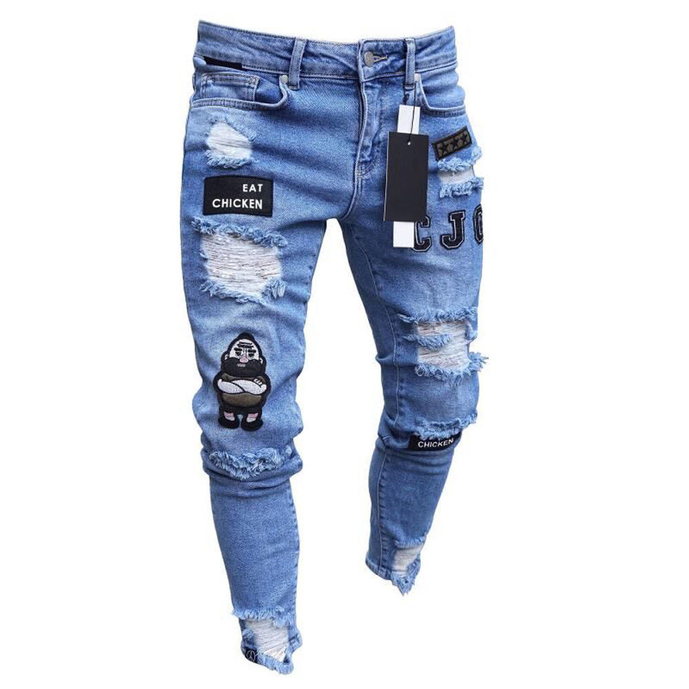 3 Styles Men Stretchy Ripped Skinny Biker Embroidery Print Jeans Destr