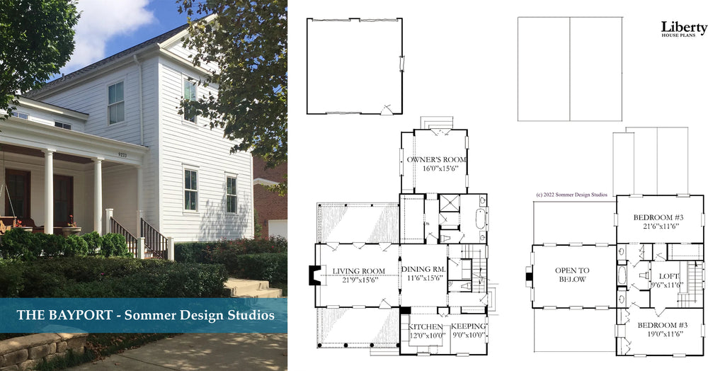 Collage of three images: one photo and two floor plans of the Bayport by Sommer Design Studios.