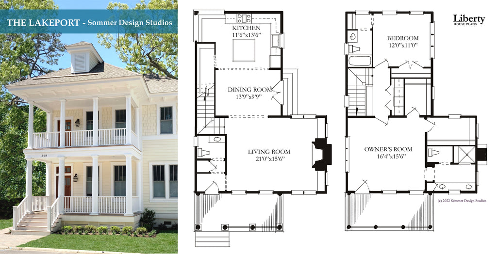 Collage of three images: a photo and two floor plans of the Lakeport by Sommer Design Studios.