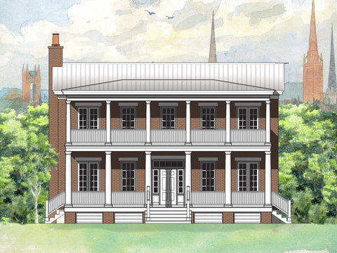 Watercolor rendering of the Anson Lane, a five-bay Neoclassical home design with two-story porches.