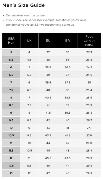 Cariuma Skate Shoes / Sneakers for Men. Size Chart. Buy Online at OceanMagicSurf.com.