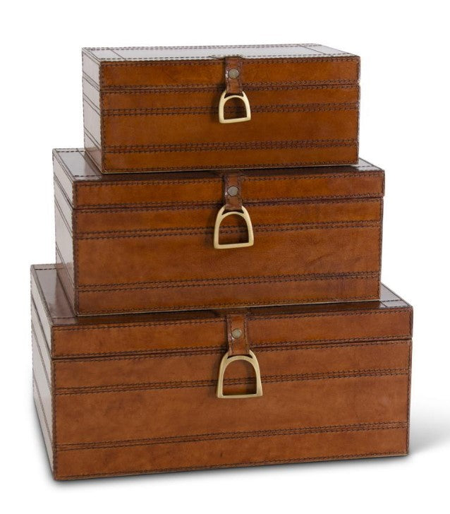 Brown Leather Suede Lined Nesting Box with Stirrup Latch, Size Options