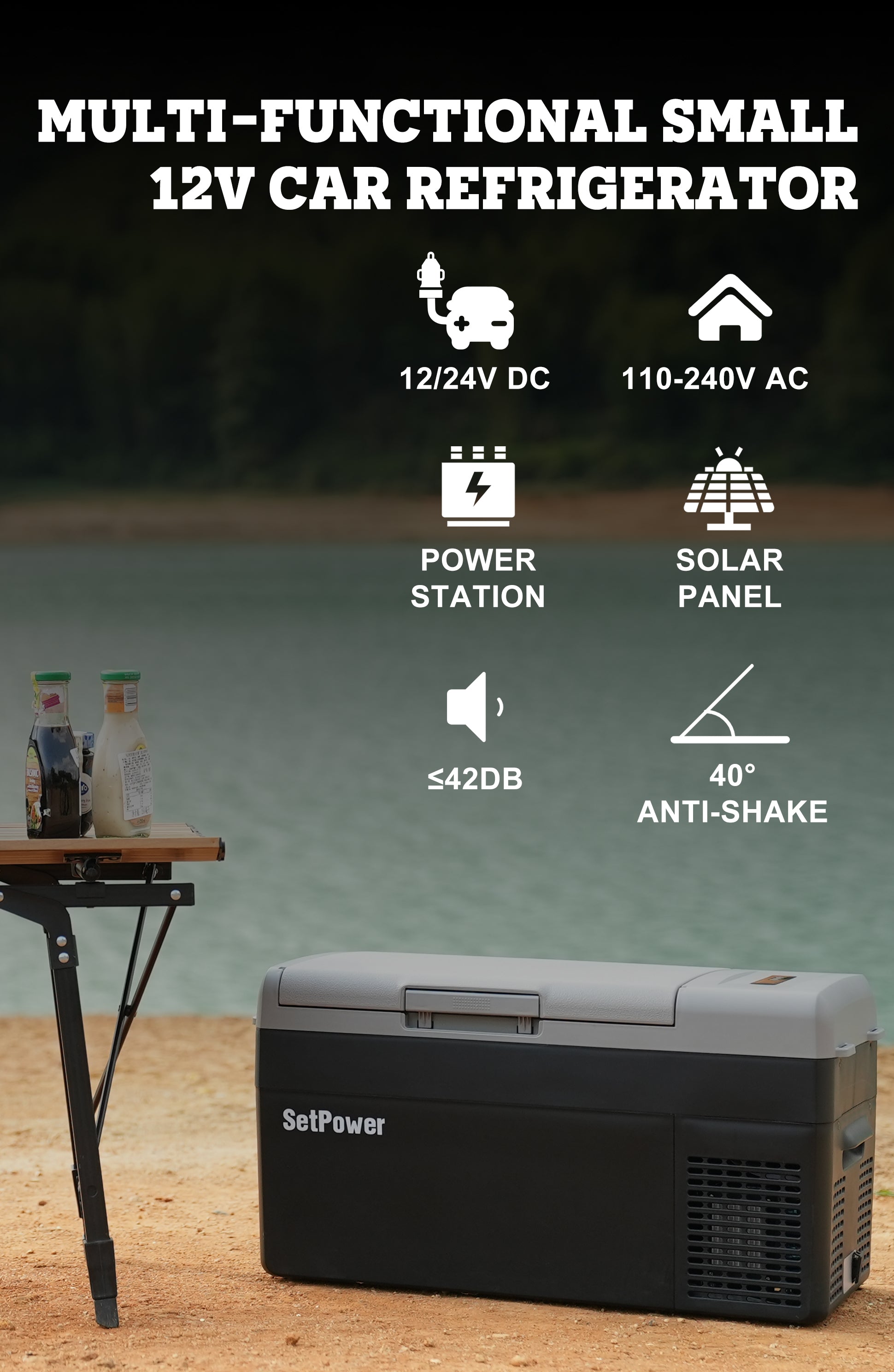 Setpower Portable Fridge Freezer is powered by DC 12/24V or AC 110-240V.