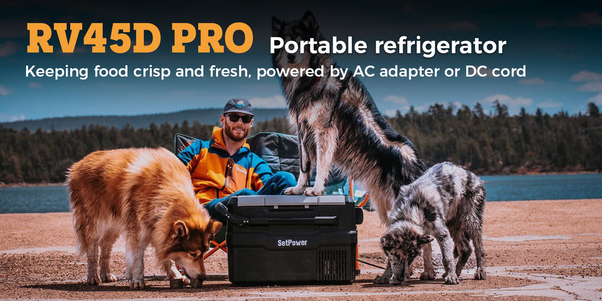 Setpower cooler 45 Quart 43L Portable RV45D dual zone Car fridge freezer, RV Refrigerator with 12/24V DC and 110-240V AC, for Car, RV, Camping and Home Use.