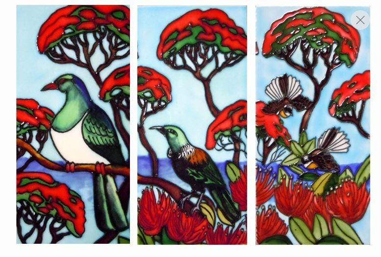 Ceramic Art Tile Triptych Featuring 3 Native Birds In A Pohutukawa World2nz Gifts