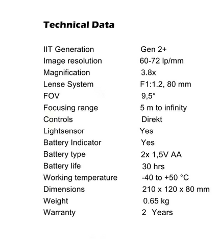 Nachtsichtbrille PVS 7-4 Gen 2+ mit Photonis Bildröhre Grün technische Daten