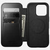 Back view of Modern Leather Folio for iPhone 16 Pro in Black Horween leather by Nomad Leather. Features full-grain leather with card slots, cash slot, and removable magnetic clasp. Includes 8ft drop protection and is compatible with MagSafe & wireless charging