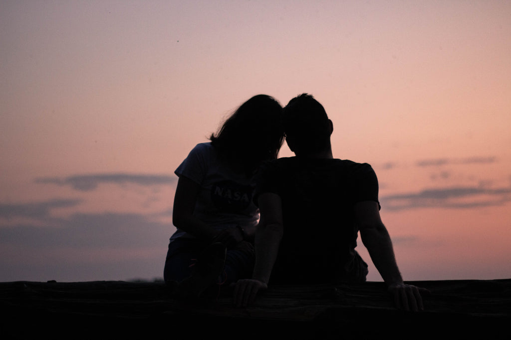 a silhouette of two individuals looking into the sunset