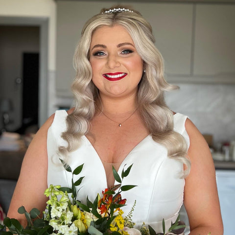 Soft glam bridal makeup Armagh bride with red lip