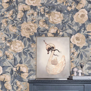 Nursery Wallpaper - Poppies for Marlene -  Dusty Blue