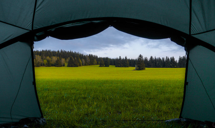 view of the mountains from inside a tent