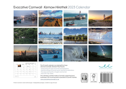 Back cover and contents of Evocative Cornwall's Cornish Landscape Calendar 2023