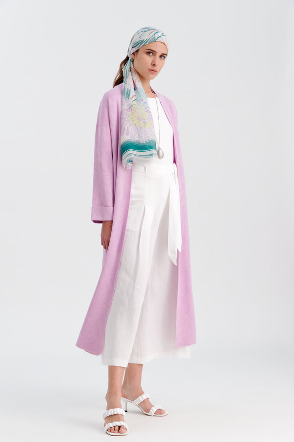 Choice Jacquard Knitted Long Jacket With Belt Lilac