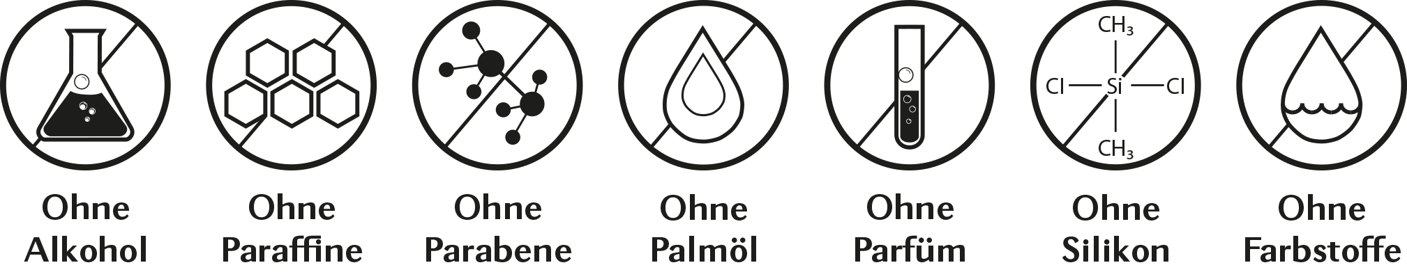 Ohne Alkohol, Ohne Paraffine, Ohne Parabene, Ohne Palmöl, Ohne Parfüm, Ohne Silikon, Ohne Farbstoffe