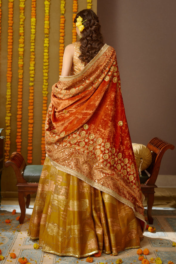 Ivory Kaleidoscope Dream Blouse with Ivory Stonework Lehenga and Red Dupatta  - Anisha Shetty - East Boutique