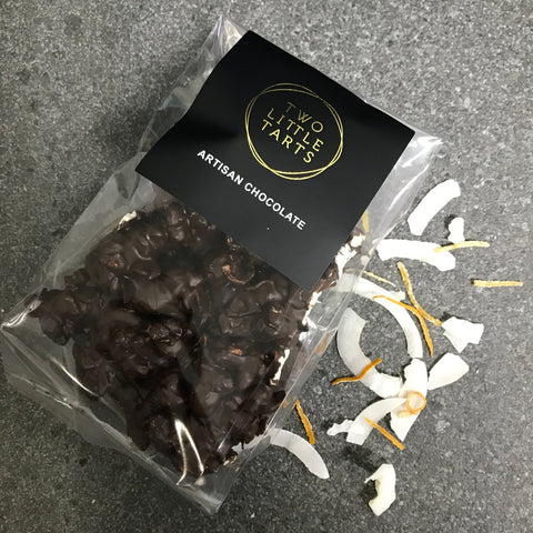 Handmade Dark Couverture Chocolate Popcorn with Coconut and Orange