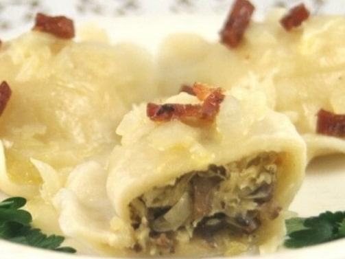 Sauerkraut and mushroom stuffed pierogi