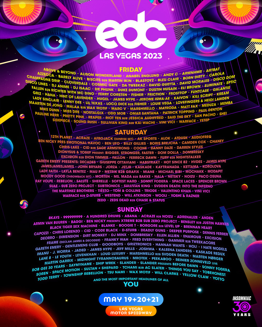 Edc Las Vegas 2023 Reveals Stacked Lineup For Insomniacs 30 Year