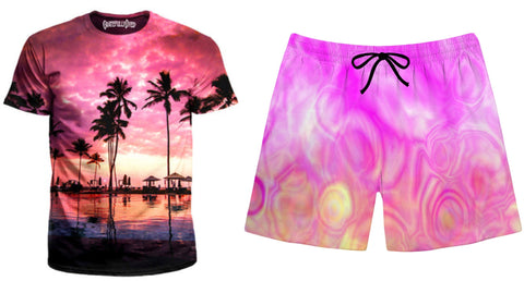 Setting Sun Men's Tshirt and day dream swim trunks