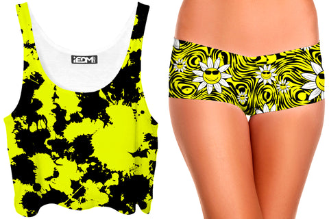 Yellow and black splatter crop top and smiling daisies booty shorts