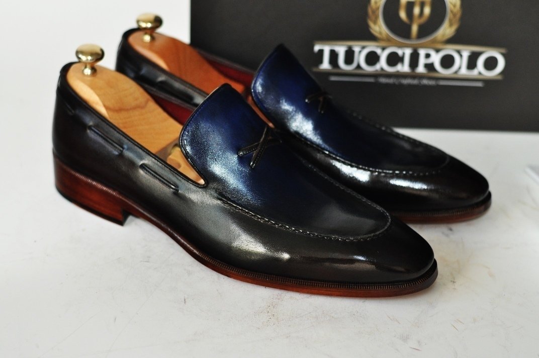 Tuccipolo mens luxury handmade italian leather mixed tone blue and ...