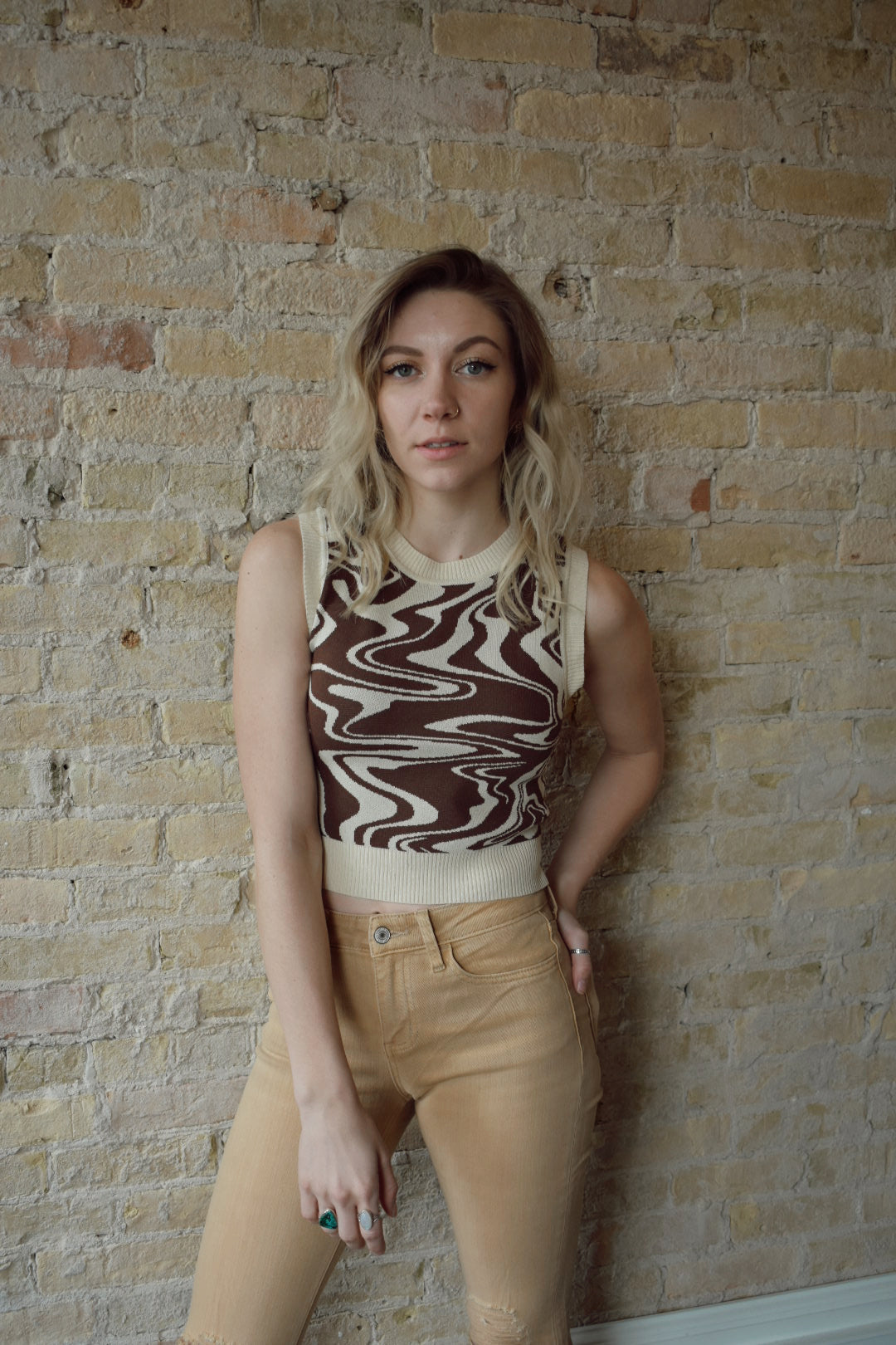 Miss Love The Revival retro wave muscle tank vest cropped cream and brown 70s